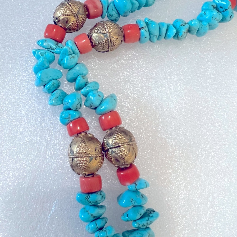 Turquoise , orange 34 inch necklace handmade in Turkey